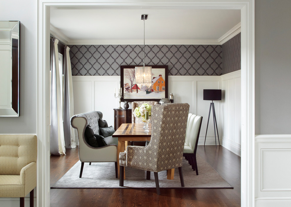 This is an example of a mid-sized transitional separate dining room in Toronto with grey walls, dark hardwood floors, no fireplace and brown floor.