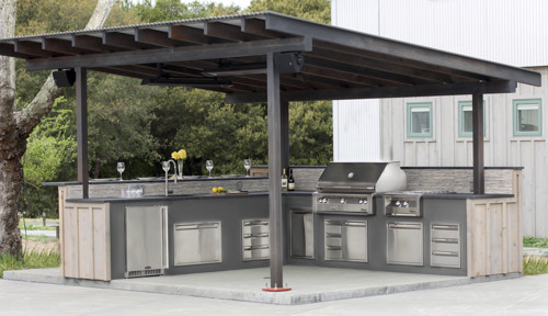 Covered L-shaped outdoor kitchen layout with RTA cabinets showing hot, wet, and prep zones