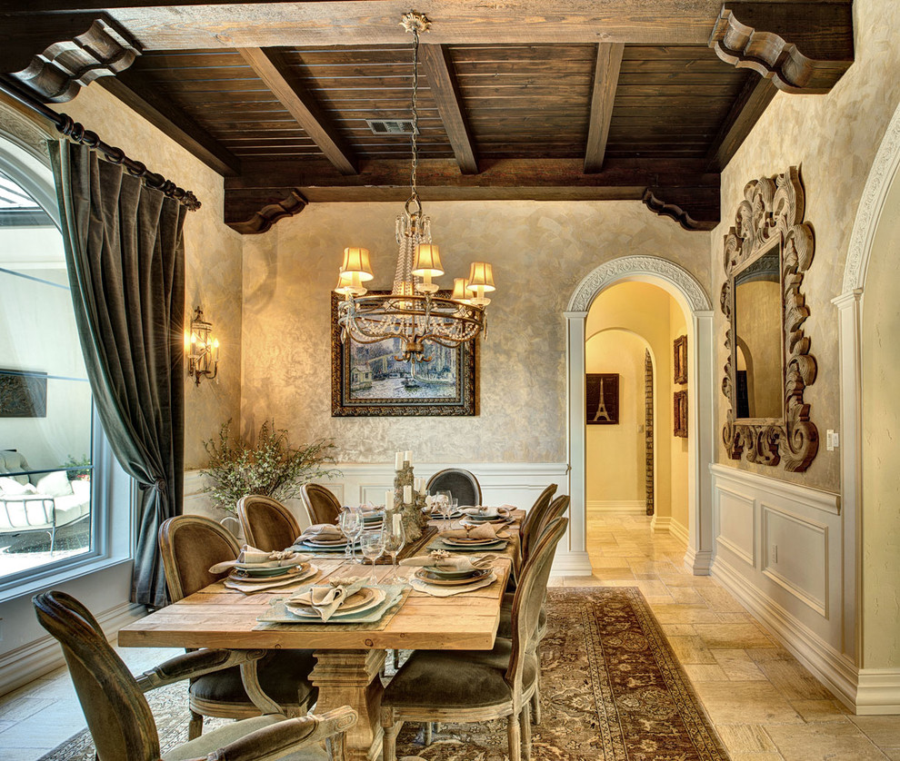 Design ideas for a large mediterranean separate dining room in Austin with beige walls and no fireplace.