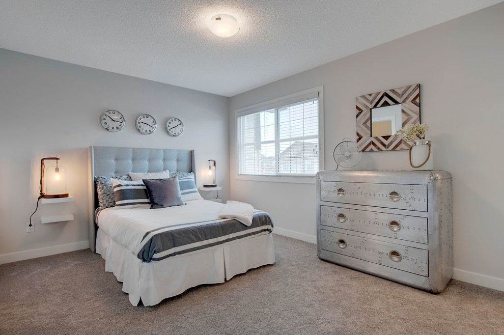 Design ideas for a mid-sized contemporary master bedroom in Edmonton with white walls, carpet and no fireplace.