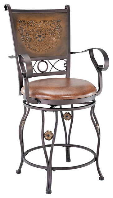 Powell Bronze Big and Tall Copper Stamped Back Counter Stool With Arms - Traditional - Bar 