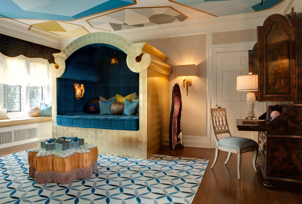 Photo of an eclectic bedroom in Santa Barbara with beige walls and dark hardwood floors.