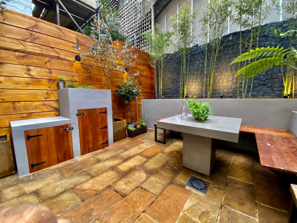 Small contemporary courtyard partial sun garden wall for summer in London with natural stone paving.