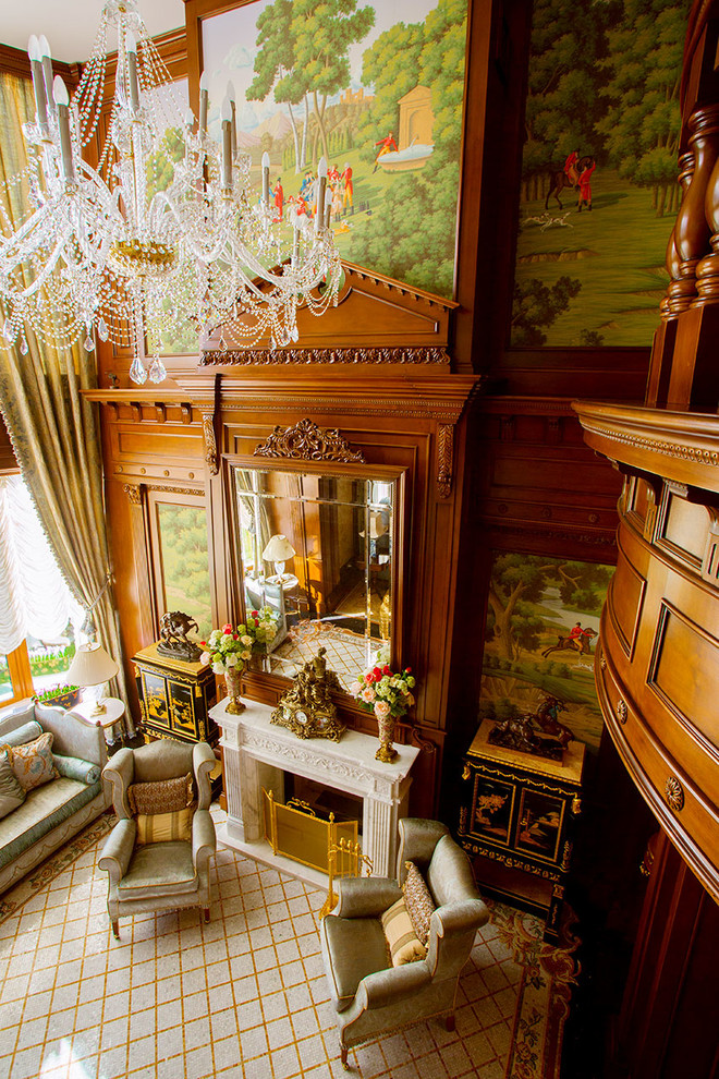 Свежая идея для дизайна: гостиная комната в классическом стиле с полом из керамической плитки - отличное фото интерьера