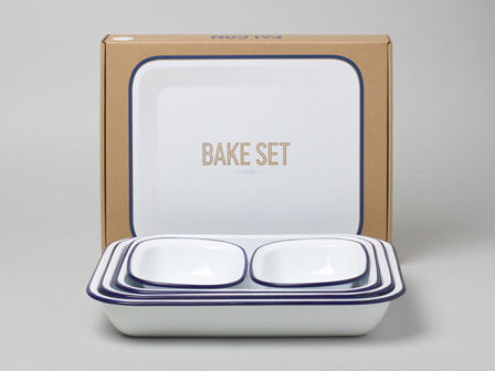 Enamel Bake Set, White with Blue Rim