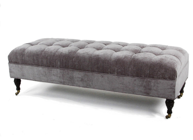 Grey Diamond Button-Tufted Upholstered Bed Bench Traditional Solid Wood Nailheads
