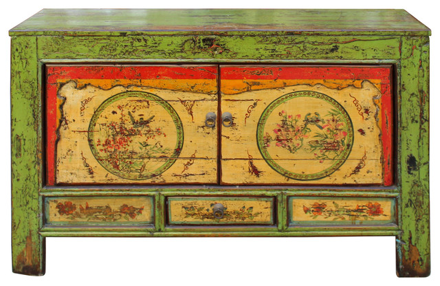 Chinese Distressed Green Flower Graphic Credenza Console Cabinet