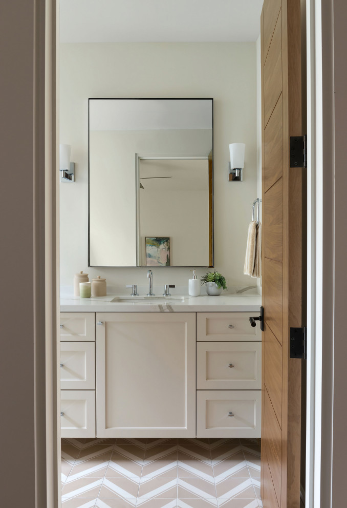 Alcove shower - mid-sized transitional kids' white tile and porcelain tile cement tile floor and single-sink alcove shower idea with flat-panel cabinets, a one-piece toilet, an undermount sink, quartz countertops, a hinged shower door, white countertops and a freestanding vanity
