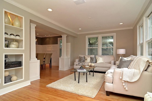 Gray Grey Living Room Looking Into Dining Room With Wainscot And