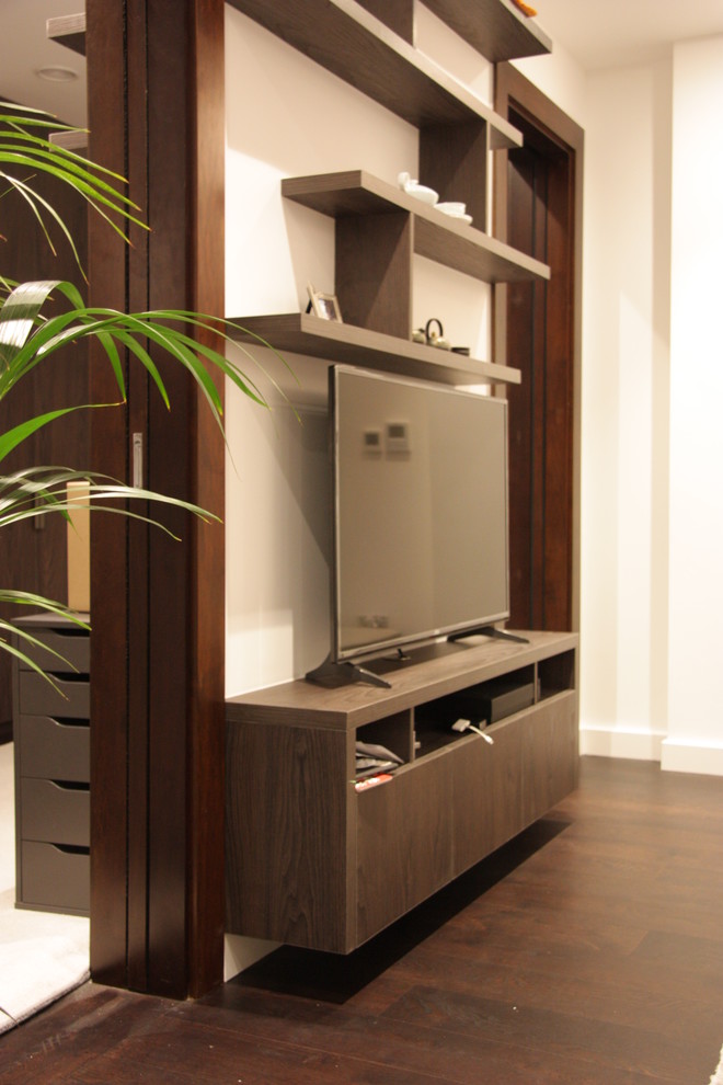 Wood veneer custom made media unit with floating shelves and wardrobe