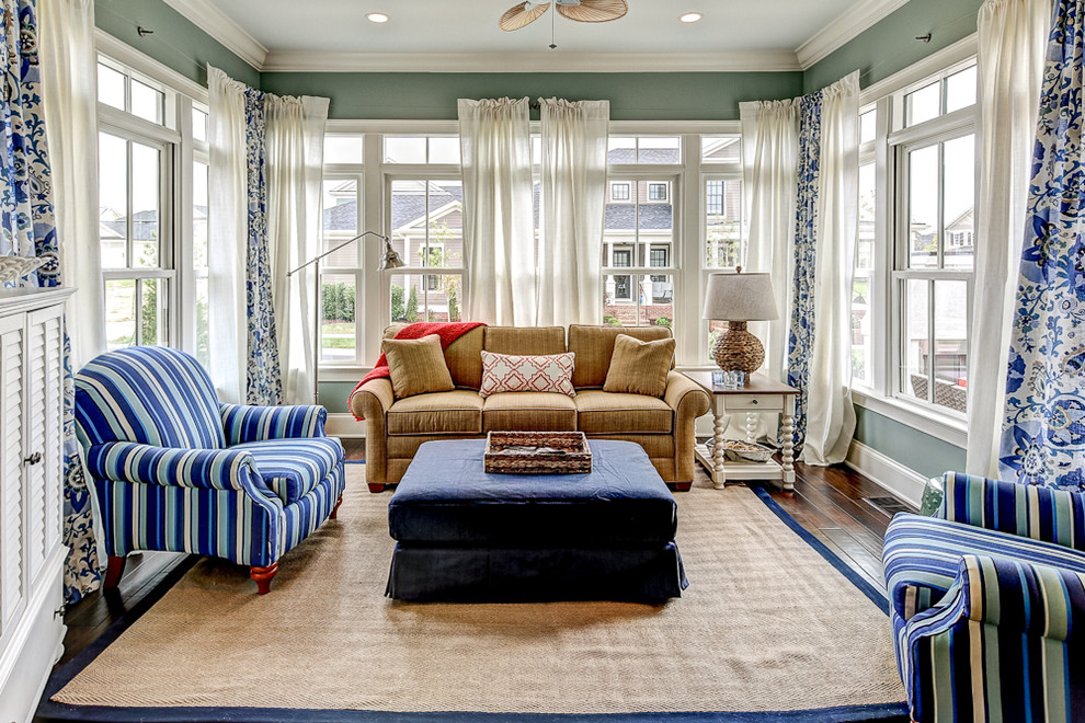 This is an example of a beach style sunroom in Louisville with dark hardwood floors, a standard ceiling and brown floor.