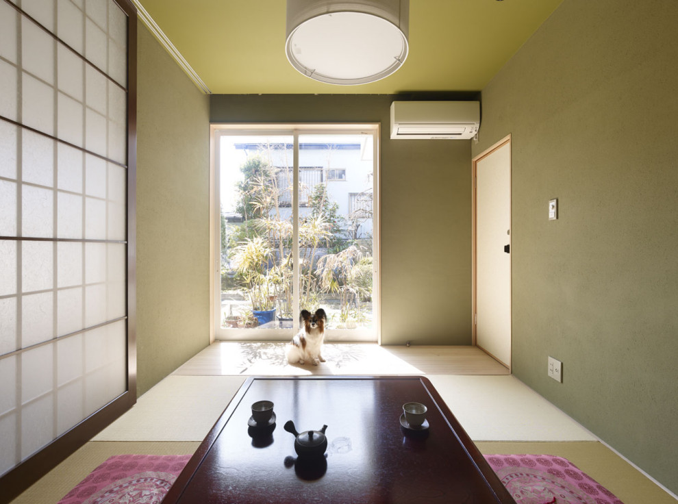 Foto di un soggiorno etnico di medie dimensioni con pareti verdi, pavimento in tatami e soffitto in carta da parati