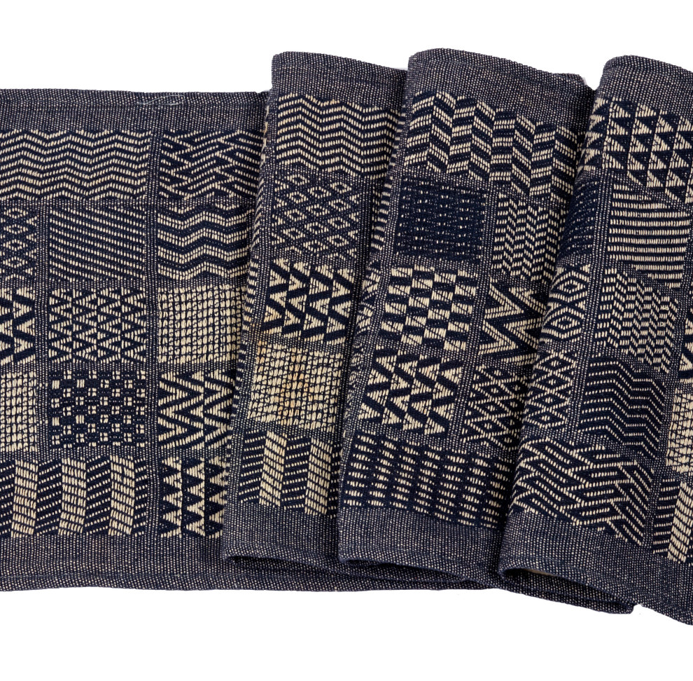 Artisan Hand Loomed Cotton Table Runner, Indigo Blocks, 18"x96"