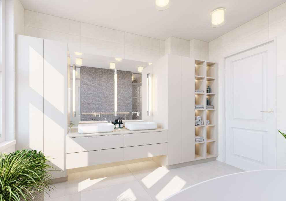 Design ideas for a large contemporary 3/4 bathroom in Berlin with white cabinets, a freestanding tub, a corner shower, a wall-mount toilet, white tile, white walls, porcelain floors, a drop-in sink, marble benchtops, white floor, an open shower, white benchtops, a double vanity and a built-in vanity.
