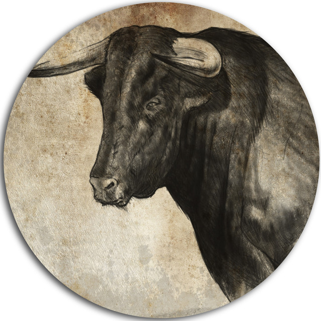 Spanish Bull Sketch, Animal Round Metal Wall Art Southwestern Metal