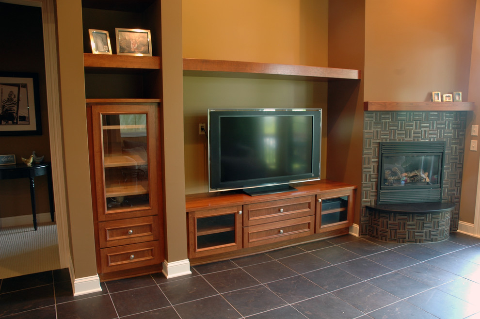 This is an example of a large traditional open concept family room in Minneapolis with brown walls, ceramic floors, a corner fireplace and a freestanding tv.