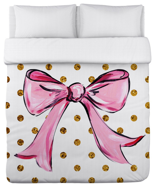 Pink Bow Dots Bows White Pink Gold Duvet Cover Contemporary