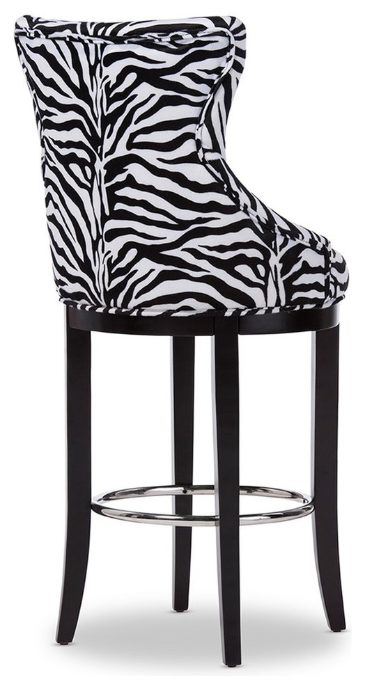 Patterned Fabric Upholstered Bar Stool With Metal Footrest
