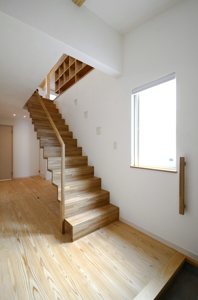 Design ideas for a mid-sized scandinavian wood straight staircase in Other with wood risers and wood railing.
