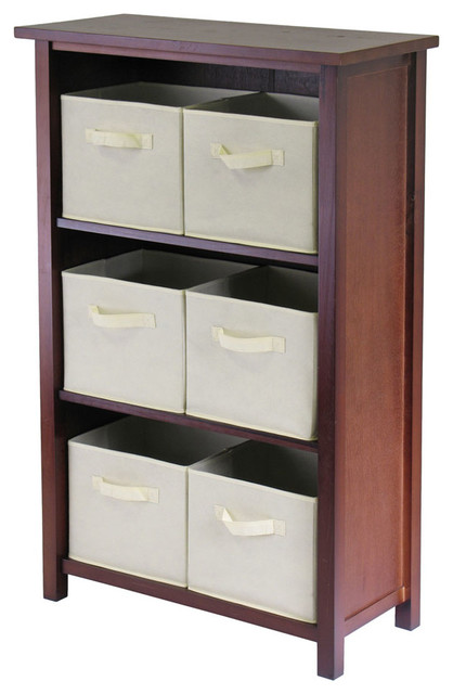 Verona 3- Section M Storage Shelf with 6 Baskets - Walnut/Beige