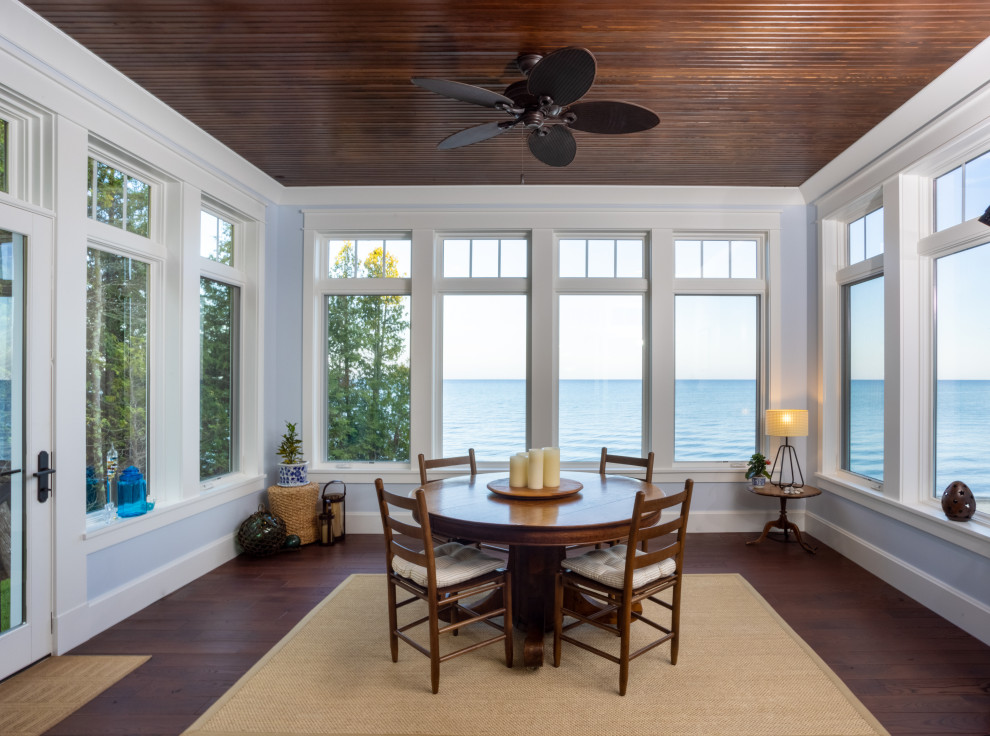 This is an example of a mid-sized traditional sunroom in Other with dark hardwood floors and brown floor.