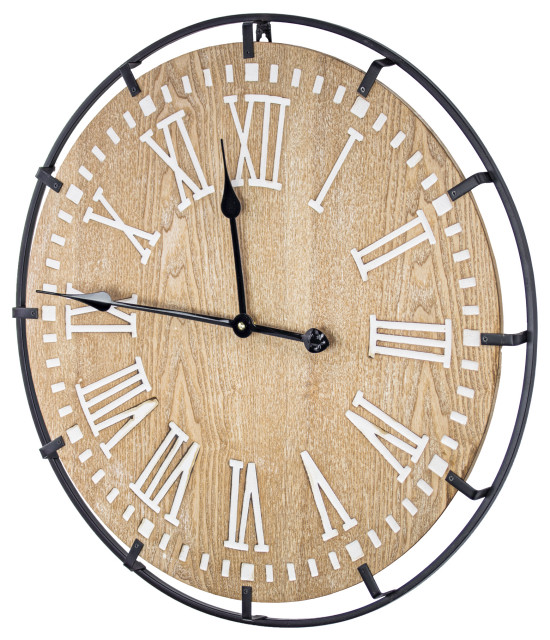 Rustic Whitewashed Wood And Metal Oversized Wall Clock 24 Rustic Whitewashed Wood And Metal