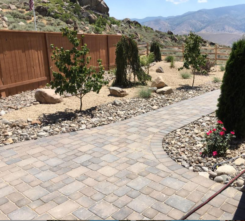 This is an example of a desert look backyard full sun xeriscape in Las Vegas with river rock.