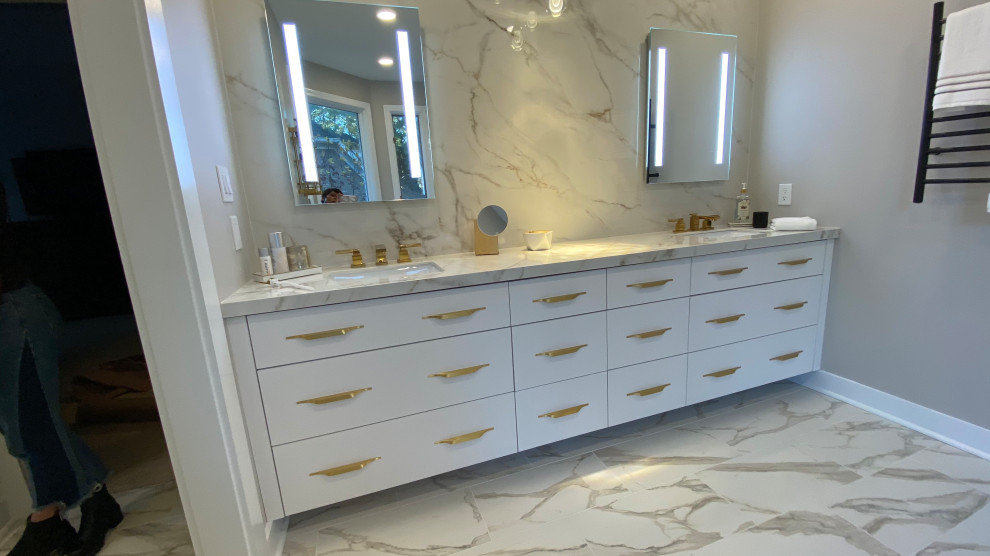 Design ideas for a large master bathroom in Other with flat-panel cabinets, a freestanding tub, an alcove shower, a two-piece toilet, beige walls, porcelain floors, an undermount sink, tile benchtops, a sliding shower screen, an enclosed toilet, a double vanity and a built-in vanity.