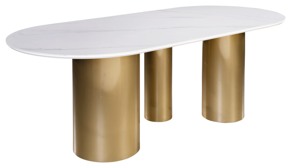 Balmain Stone Top Oval Dining Table for 6, Gold and White Contemporary Dining Tables by