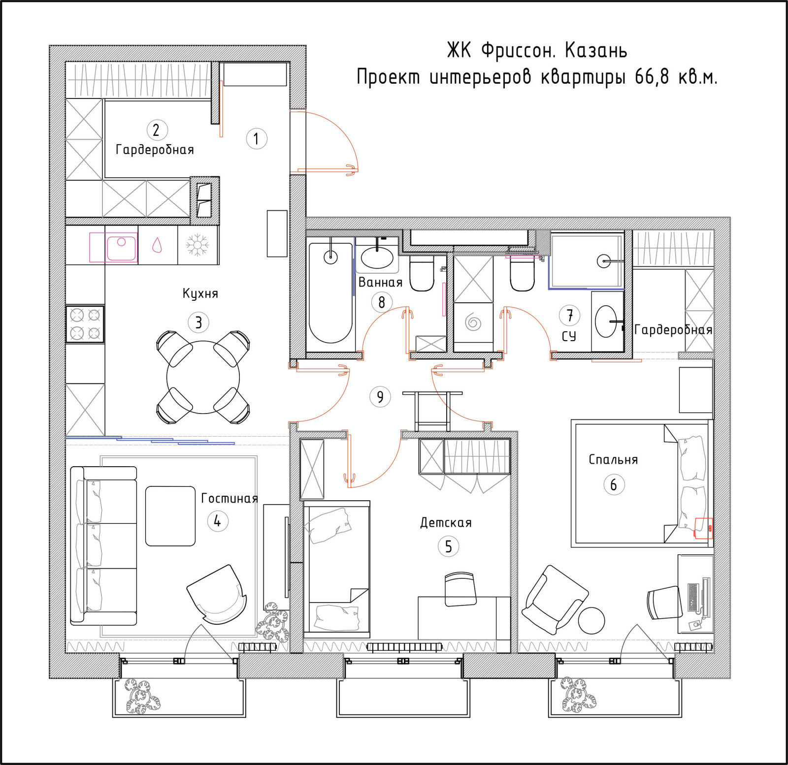 Проект трехкомнатной квартиры 66,8 кв.м.