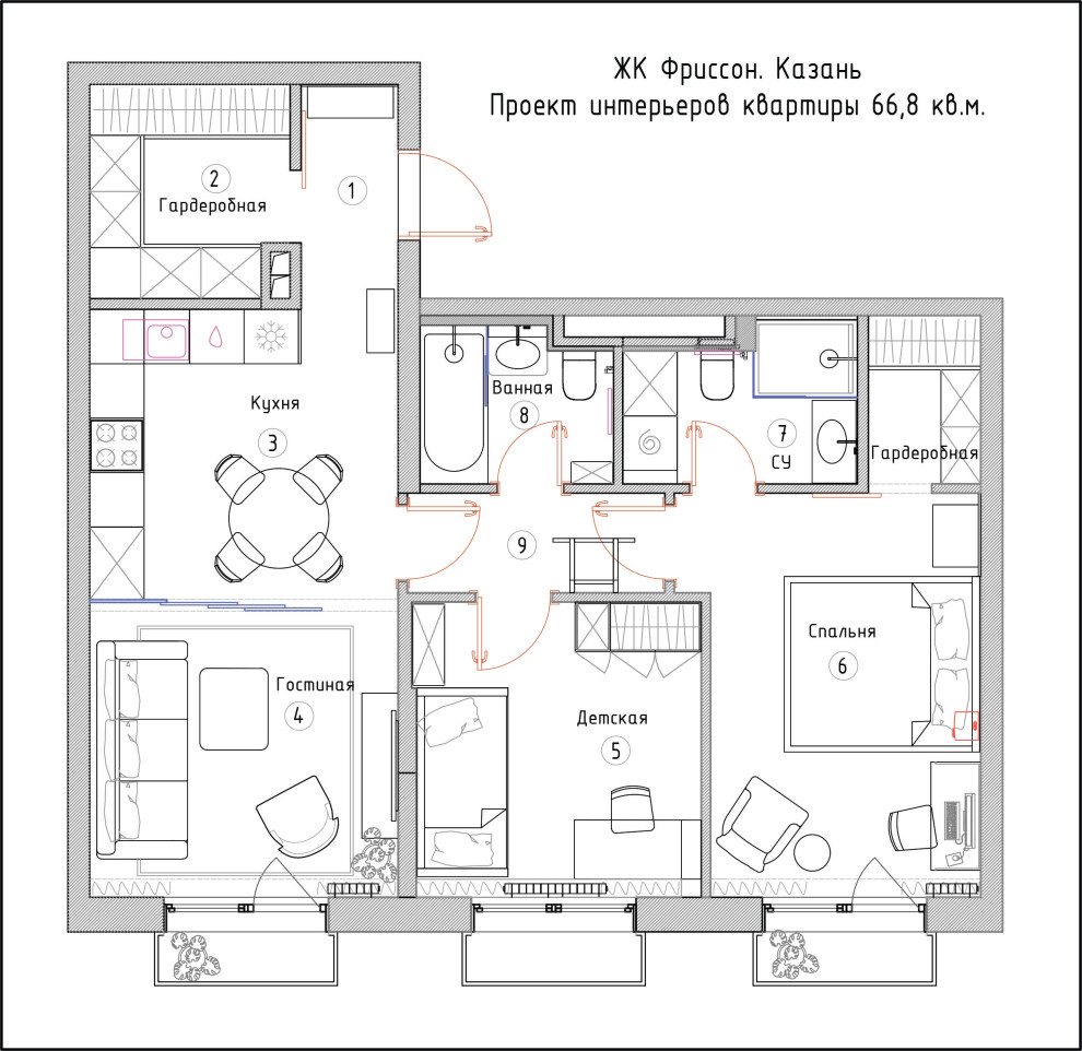 Проект трехкомнатной квартиры 66,8 кв.м.