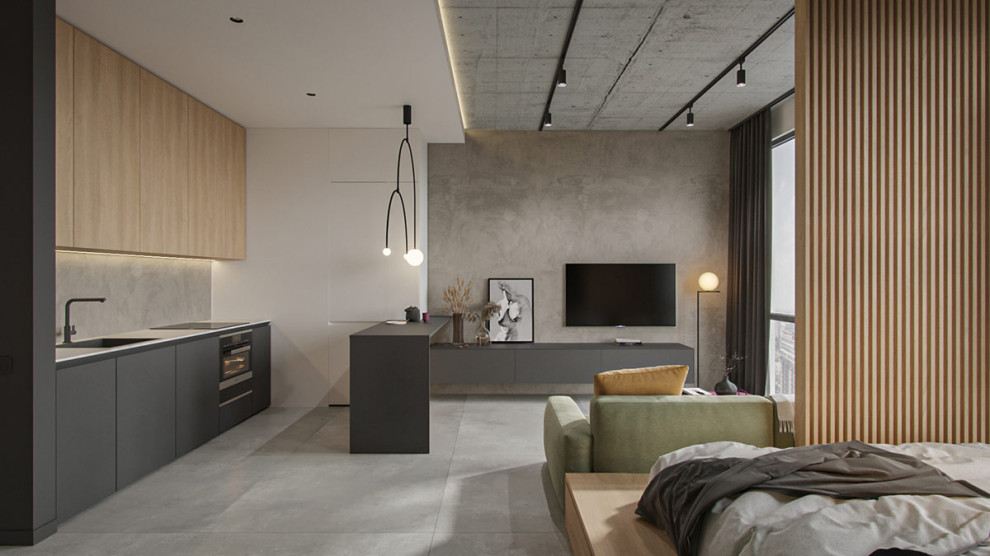 Idee per un piccolo soggiorno minimalista con sala formale, pareti bianche, pavimento con piastrelle in ceramica, pavimento grigio, soffitto a cassettoni e boiserie