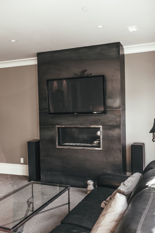 Inspiration for a mid-sized transitional open concept living room in Vancouver with grey walls, dark hardwood floors, a ribbon fireplace, a concrete fireplace surround and a wall-mounted tv.