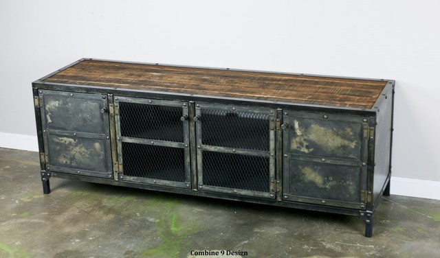 Vintage Industrial Media Console Credenza Reclaimed Wood Top