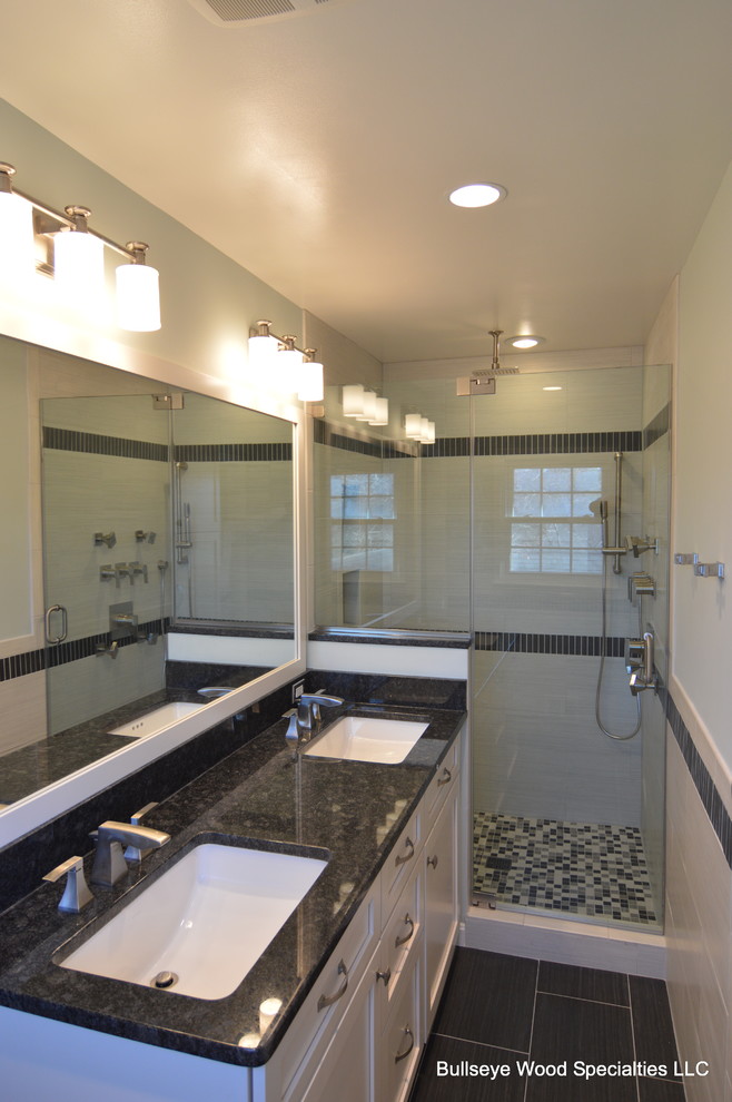 Design ideas for a small transitional master bathroom in DC Metro with an undermount sink, shaker cabinets, white cabinets, granite benchtops, an alcove shower, a one-piece toilet, gray tile, ceramic tile, white walls and ceramic floors.
