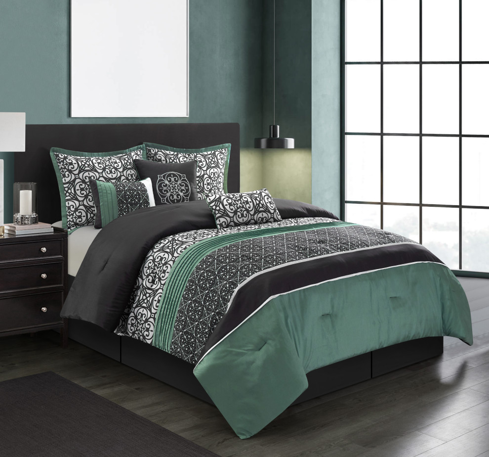 Roxanne 7-Piece Comforter Set, Green/Black, California King - Contemporary - Comforters And ...