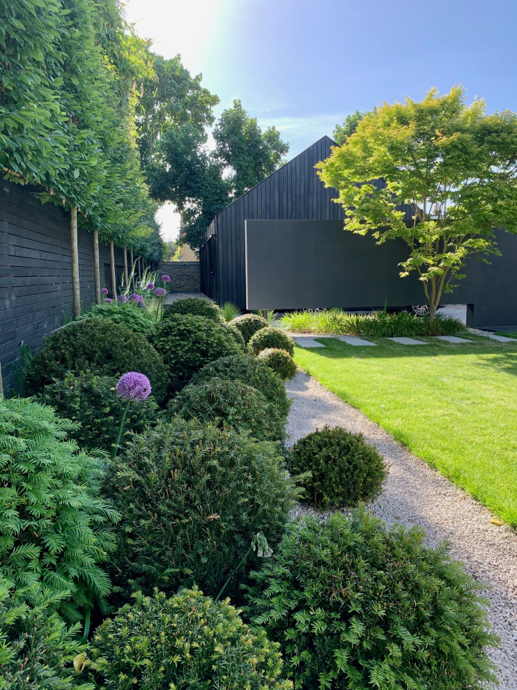 Inspiration pour un jardin arrière design de taille moyenne et l'été avec une exposition ensoleillée, des pavés en pierre naturelle et une clôture en bois.