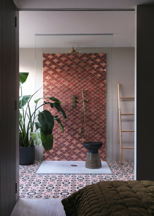 Edgy Moody Design with Burgundy Fish Scale Tiles
