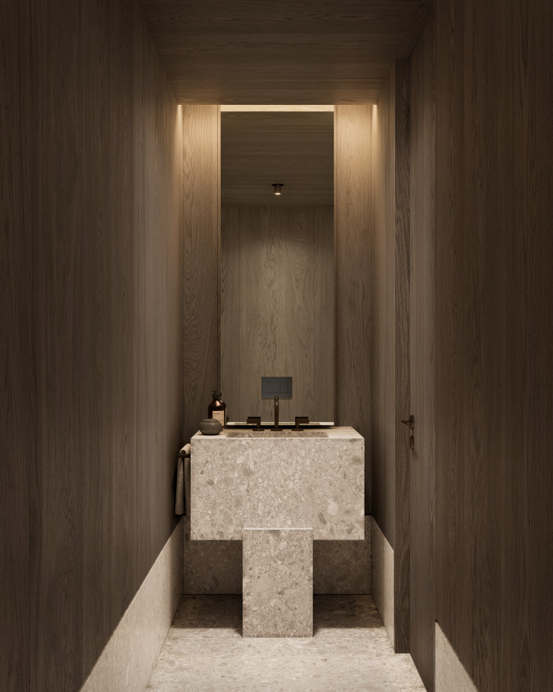 Diseño de aseo de pie minimalista pequeño con sanitario de pared, paredes marrones, suelo de mármol, lavabo integrado, encimera de mármol, suelo gris, encimeras grises y casetón