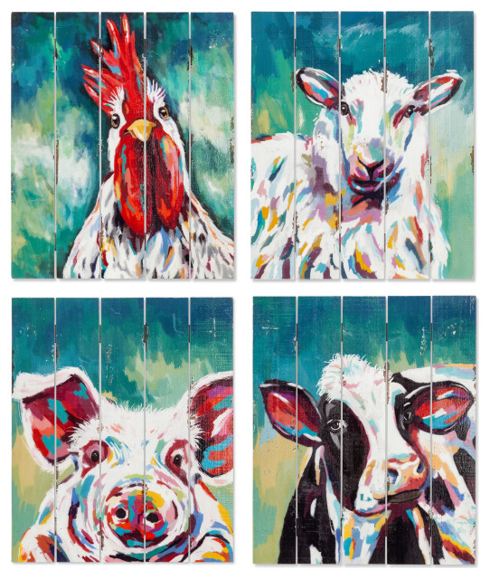 Set of 4 Assorted Style Wooden Farm Animal Wall Decor Farmhouse