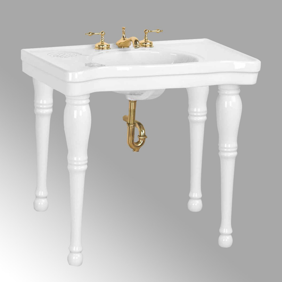 White Console Sink Belle Epoque with Spindle Legs and Widespread Faucet Holes