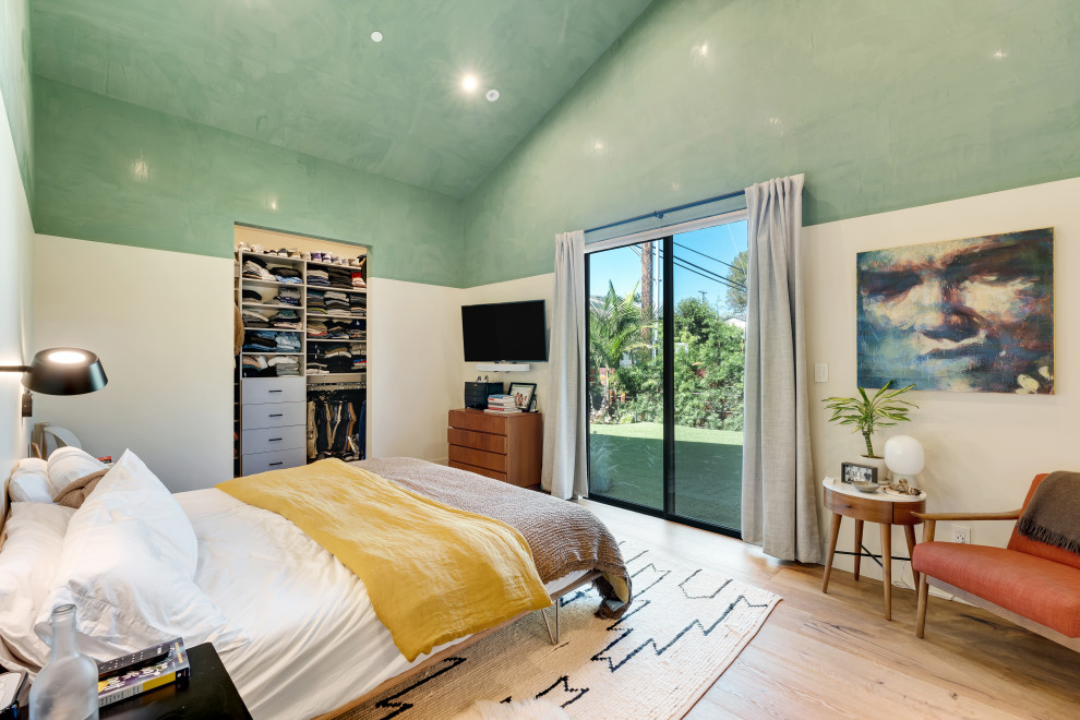 Photo of a medium sized modern master bedroom in Los Angeles with multi-coloured walls, medium hardwood flooring, brown floors and a vaulted ceiling.