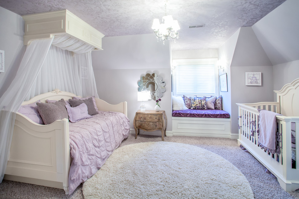 This is an example of a traditional kids' room for girls in Detroit with purple walls and carpet.