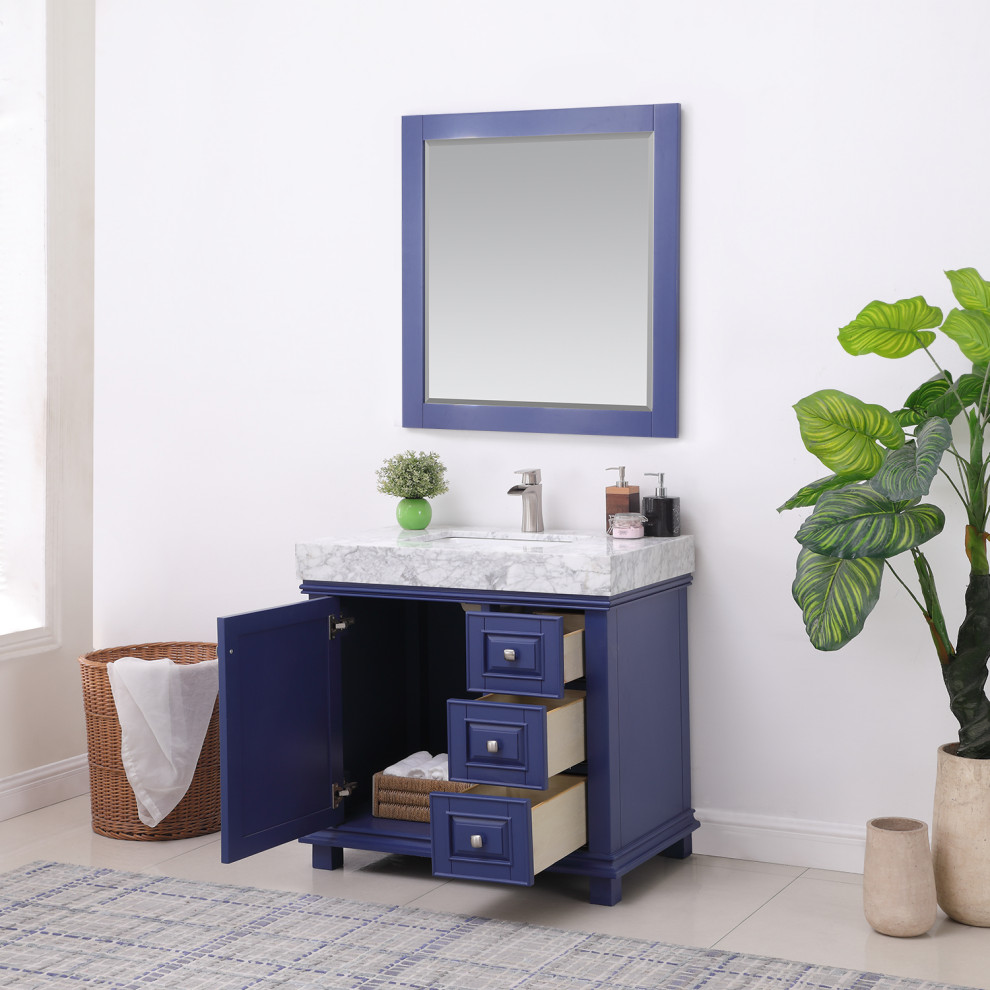 Ispirazione per una piccola stanza da bagno minimalista con ante blu, top in marmo, un lavabo e mobile bagno freestanding