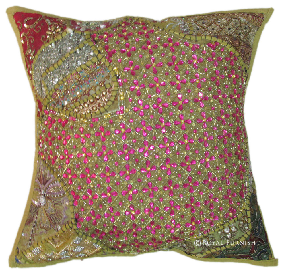 Green Antique Beaded Patchwork
Embroidered Accent Throw Pillow Cover Sham