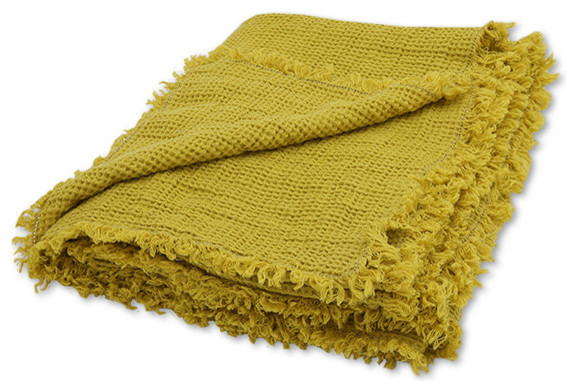 Linen Washed Waffle Throw With Fringes, Citrine
