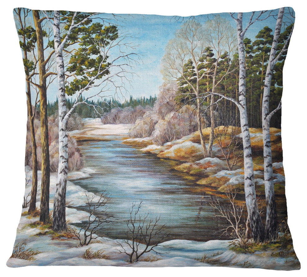 Sofa Throw Pillow 18 in in Designart CU6169-18-18 The Spring Siberian River Landscape Printed Cushion Cover for Living Room Insert Side x 18 in