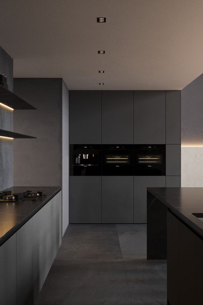 Двухуровневая квартира в тёмных оттенках с яркими акцентами