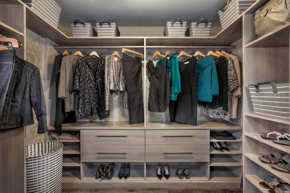 Design ideas for a transitional walk-in wardrobe in Los Angeles with flat-panel cabinets.