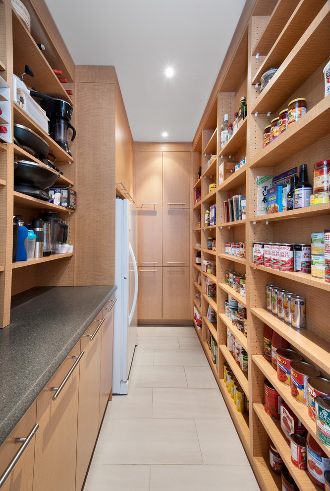 Contemporary galley kitchen pantry in Ottawa with open cabinets, light wood cabinets, laminate benchtops, white appliances, porcelain floors and beige floor.